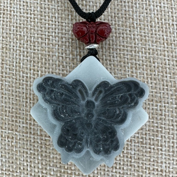 Jewelry - Tai Chi Stone Butterfly Pendant Necklace with Silver and Cinnabar on Rope